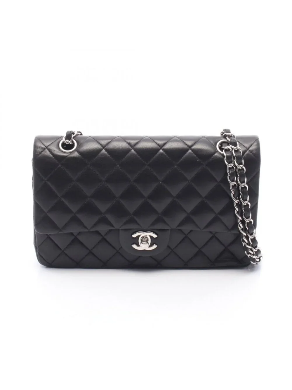 Chanel Shoulder Bag Quilted Double Flap Black Lambskin Chain